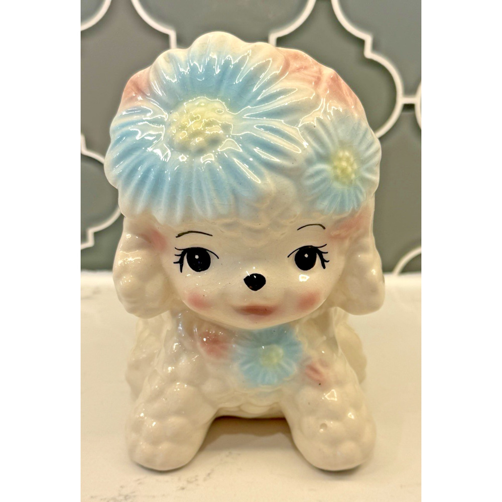 1950s RELPO Lamb Poodle Blue Pink Daisies Ceramic Planter Japan